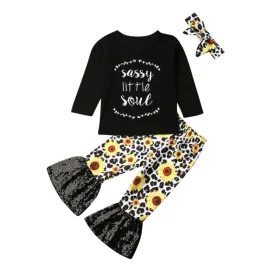 0-3Y Newborn Kids Baby Girl Clothes Sets Letter Shirts Sunflowers Sequins Flares Pants Headband 3Pcs Autumn Girl Outfits 0-3Y