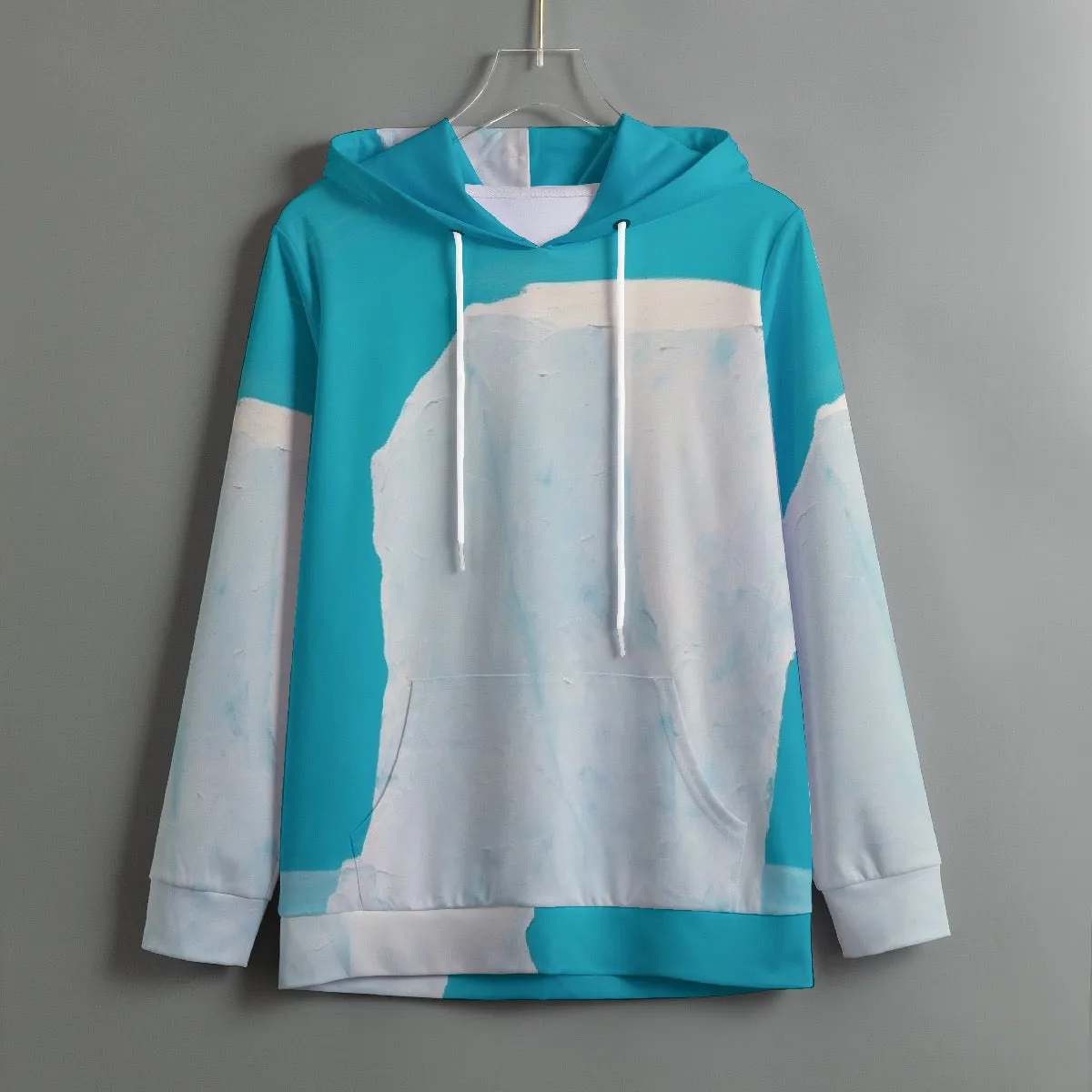179. All-Over Print Women's Pullover Hoodie With Drawstring  teal and white print