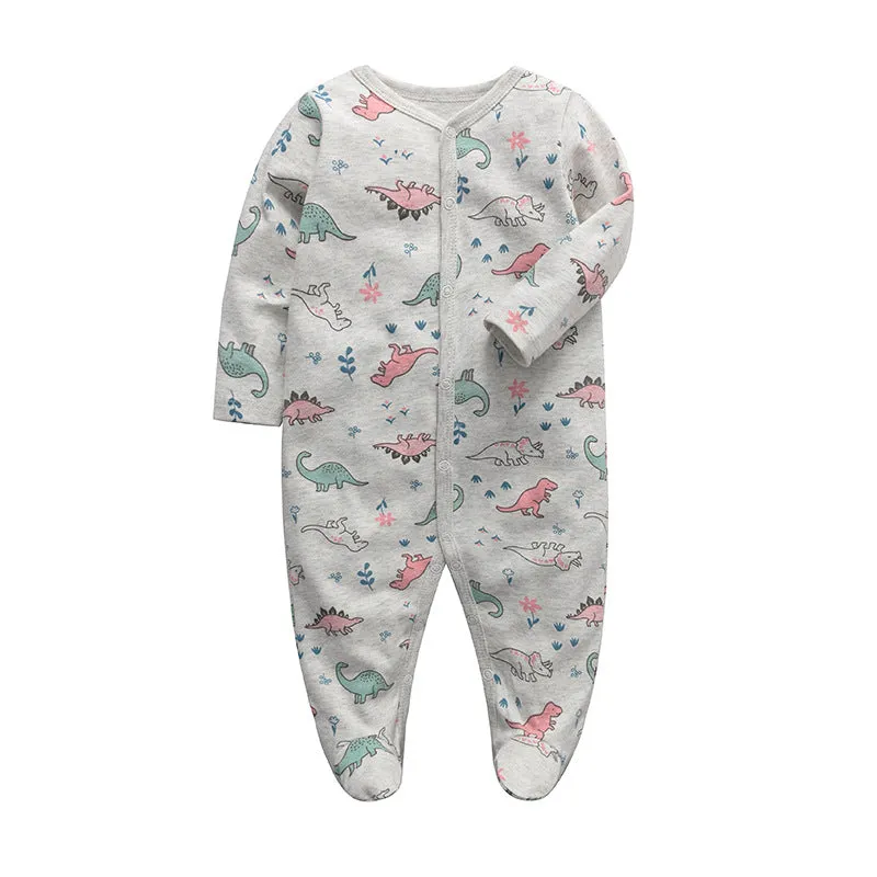 3pk Baby Girl Cotton Long Sleeve Flower Print Footed Onesie