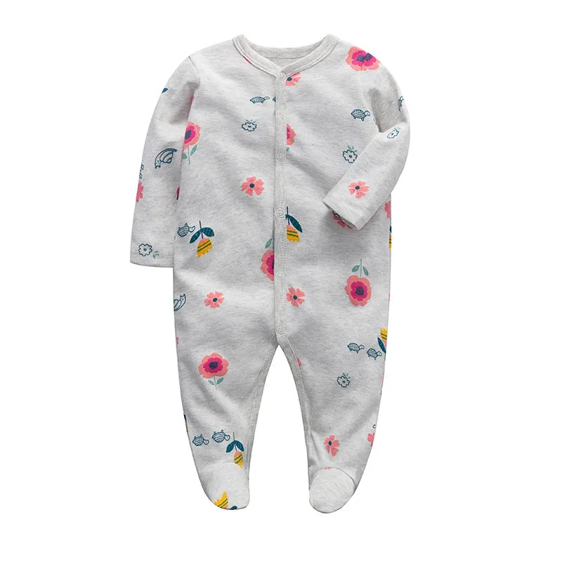 3pk Baby Girl Cotton Long Sleeve Flower Print Footed Onesie