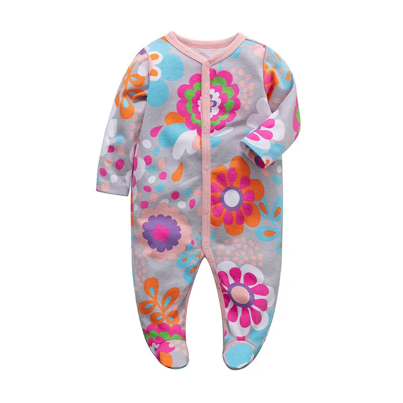 3pk Baby Girl Cotton Long Sleeve Flower Print Footed Onesie