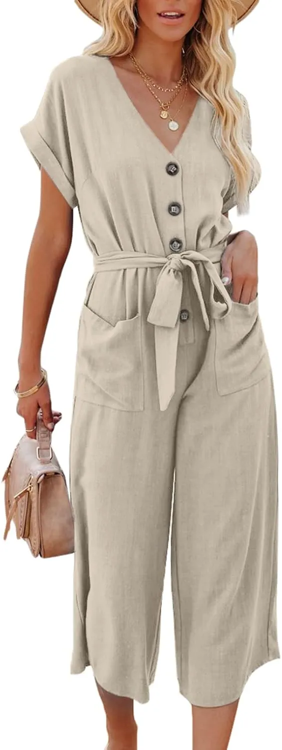 Acelitt Women Casual V Neck Short Sleeve Button Belted Wide Leg Jumpsuits,S-XXL