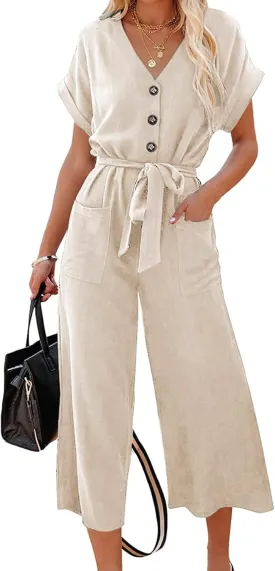 Acelitt Women Casual V Neck Short Sleeve Button Belted Wide Leg Jumpsuits,S-XXL