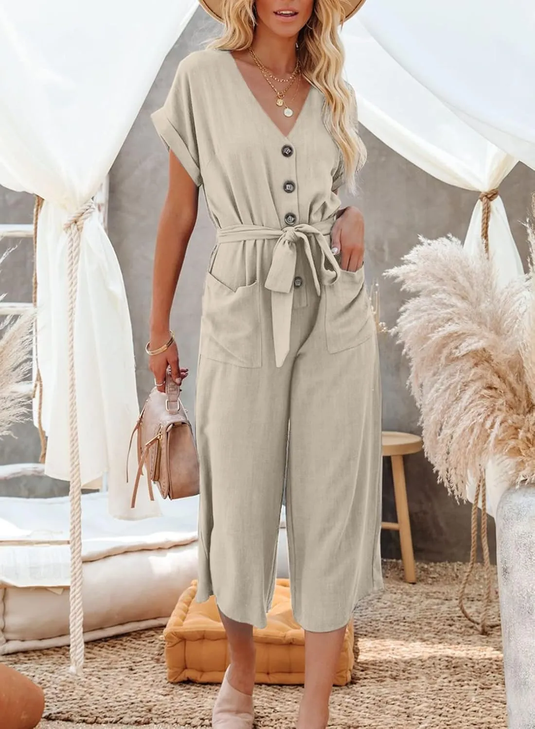 Acelitt Women Casual V Neck Short Sleeve Button Belted Wide Leg Jumpsuits,S-XXL
