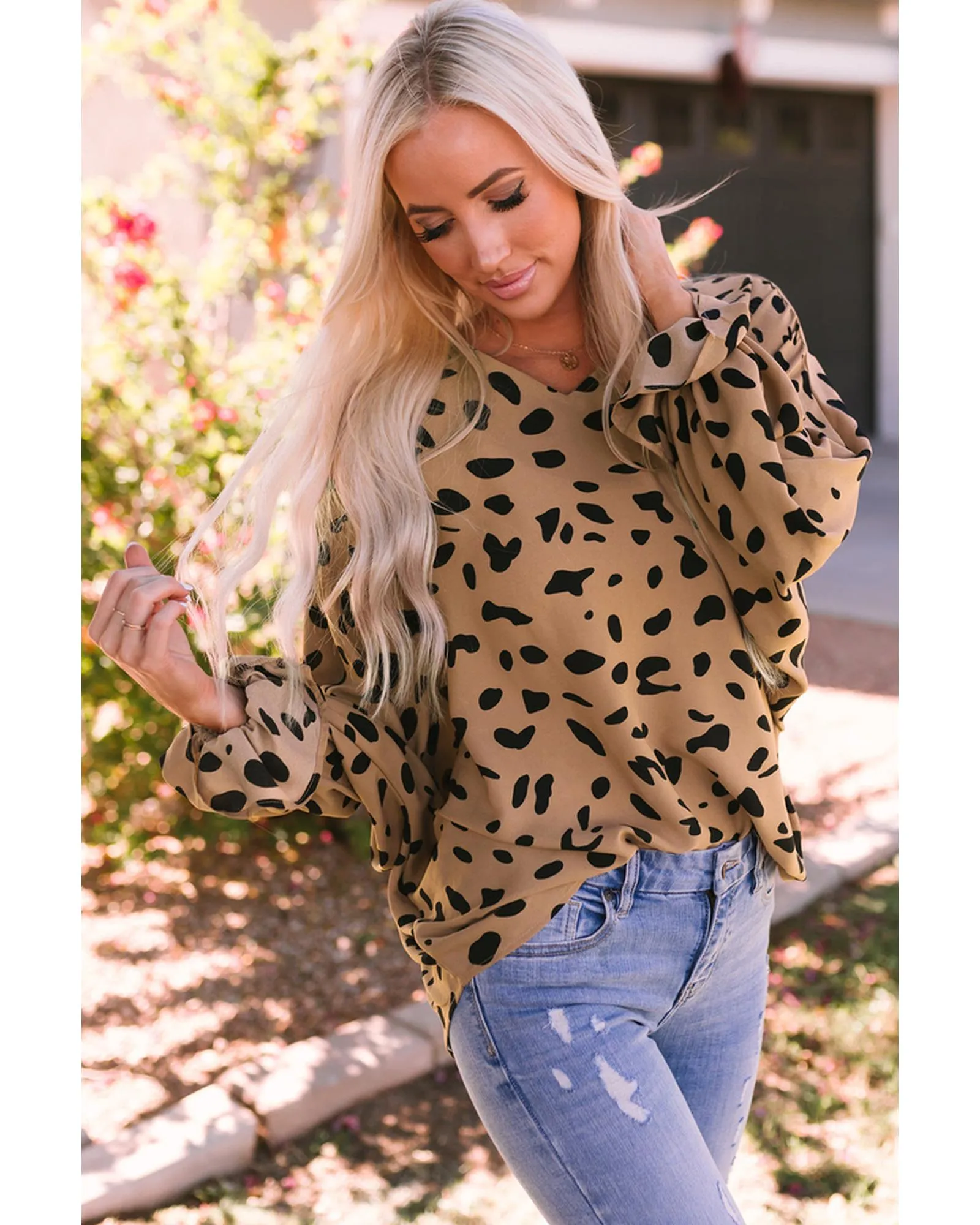 Azura Exchange V Neck Ruffled Cuffs Loose Blouse - L