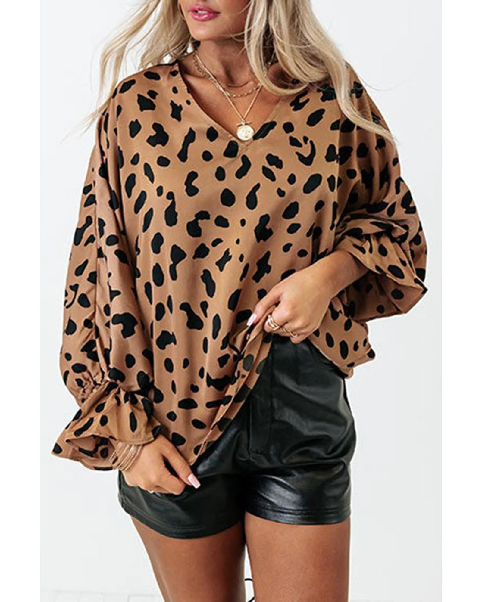 Azura Exchange V Neck Ruffled Cuffs Loose Blouse - L