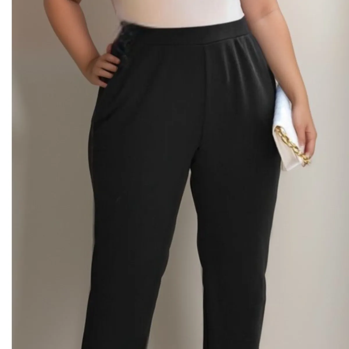 BLACK FLAT FRONT ELASTIC WAIST TROUSERS WITH POCKETS
