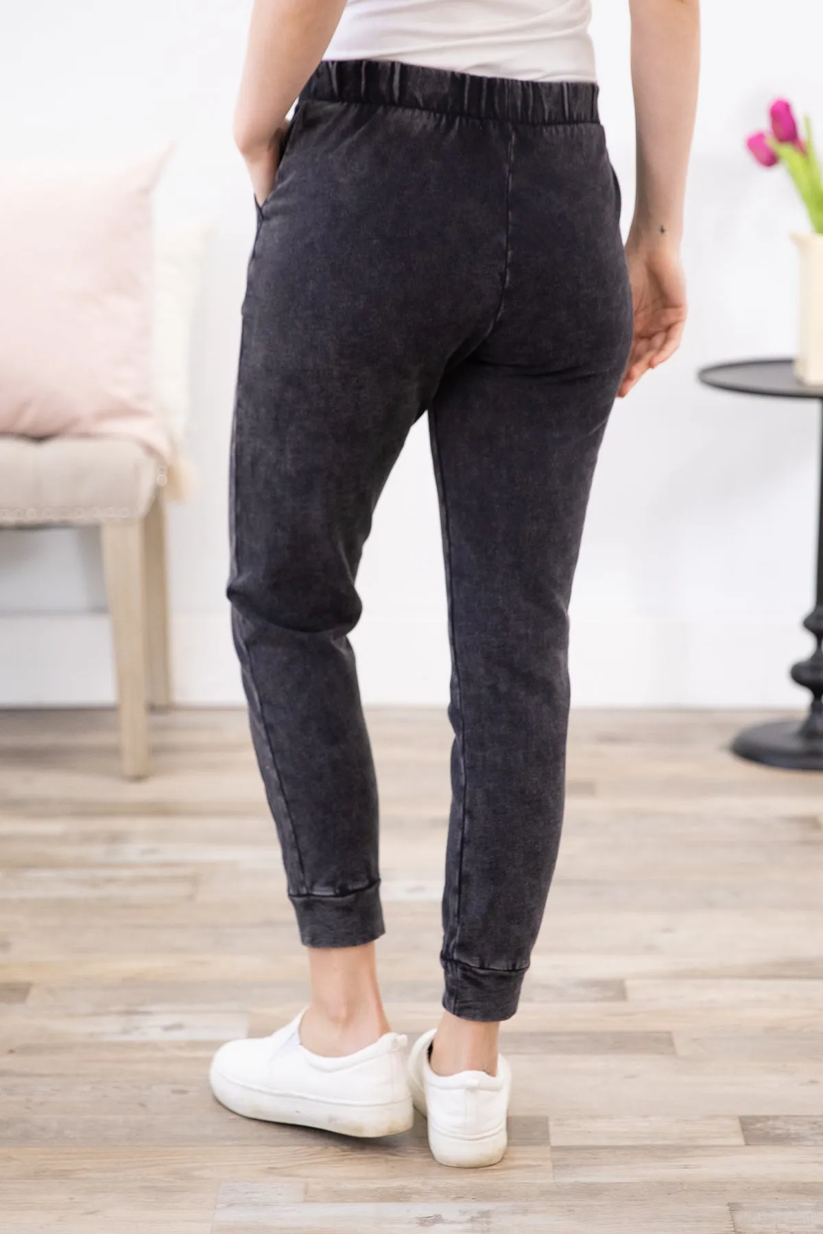 Black Washed Elastic Waist Joggers