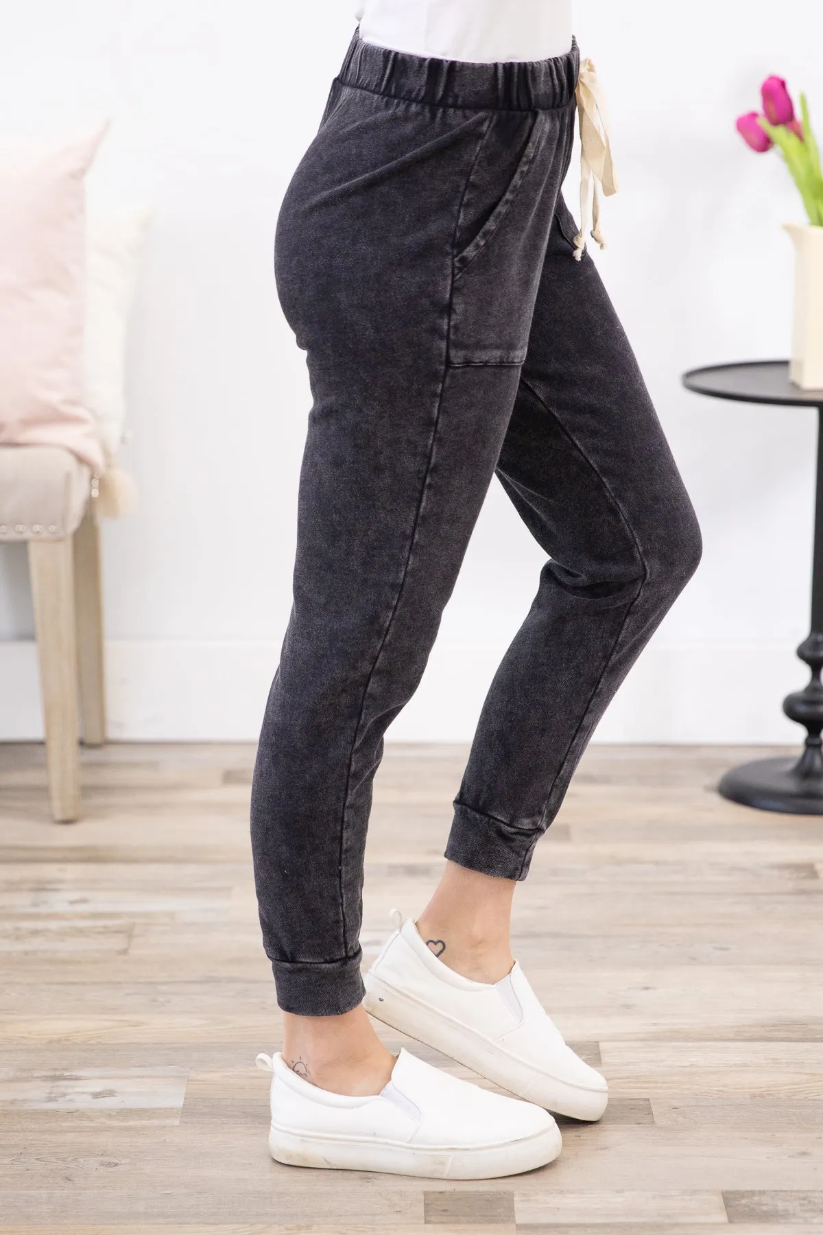 Black Washed Elastic Waist Joggers