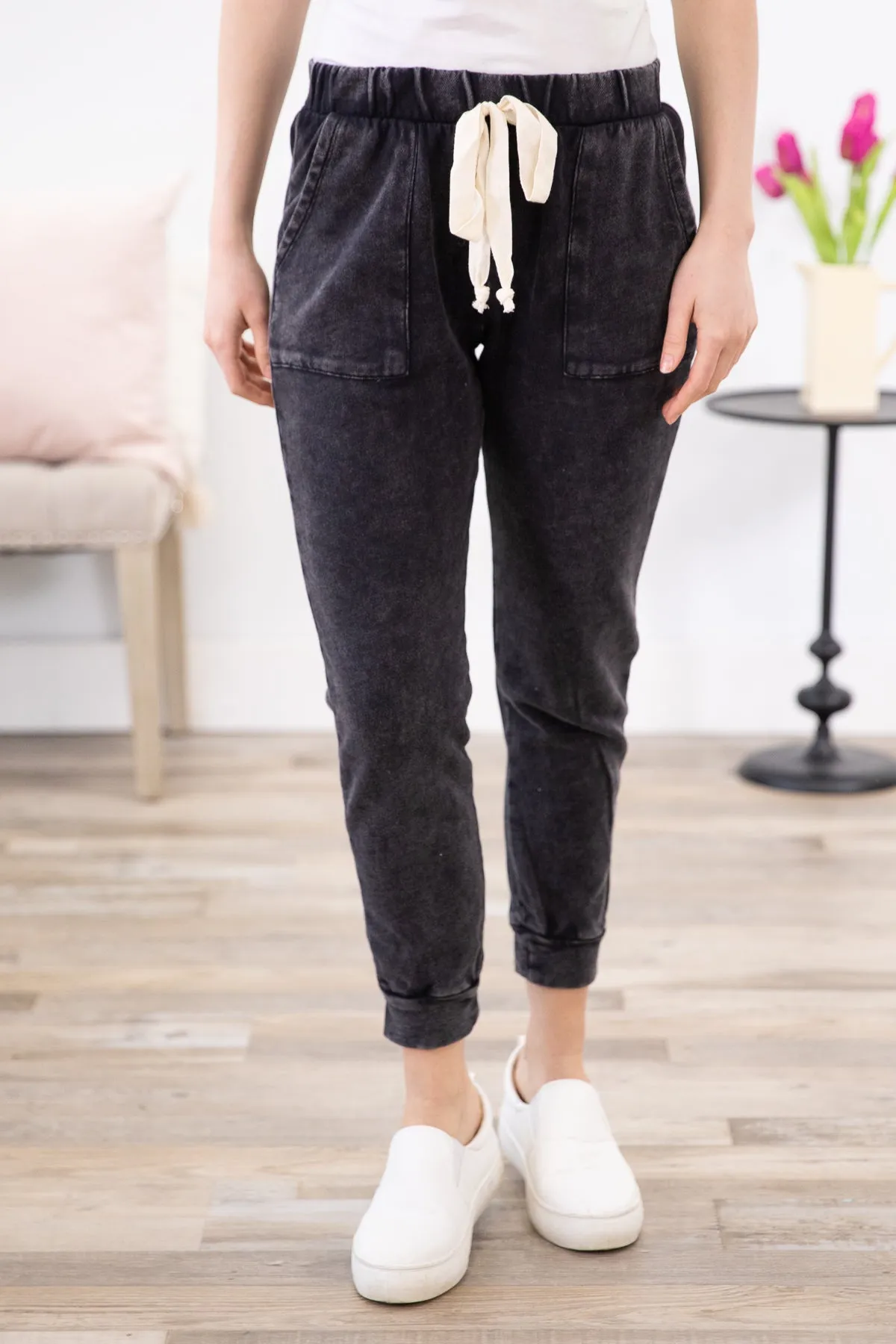 Black Washed Elastic Waist Joggers