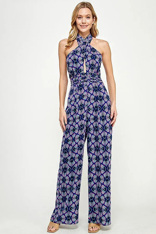 Blue Printed Halter Jumpsuit With Ruched Waist