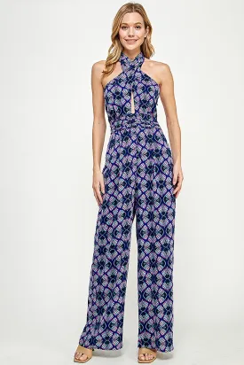 Blue Printed Halter Jumpsuit With Ruched Waist