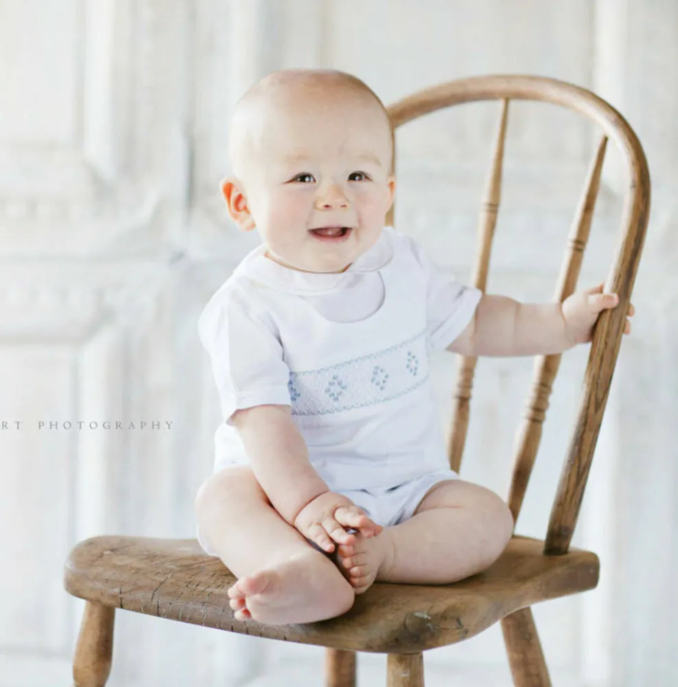 Boys White Highrise with Blue Smocking