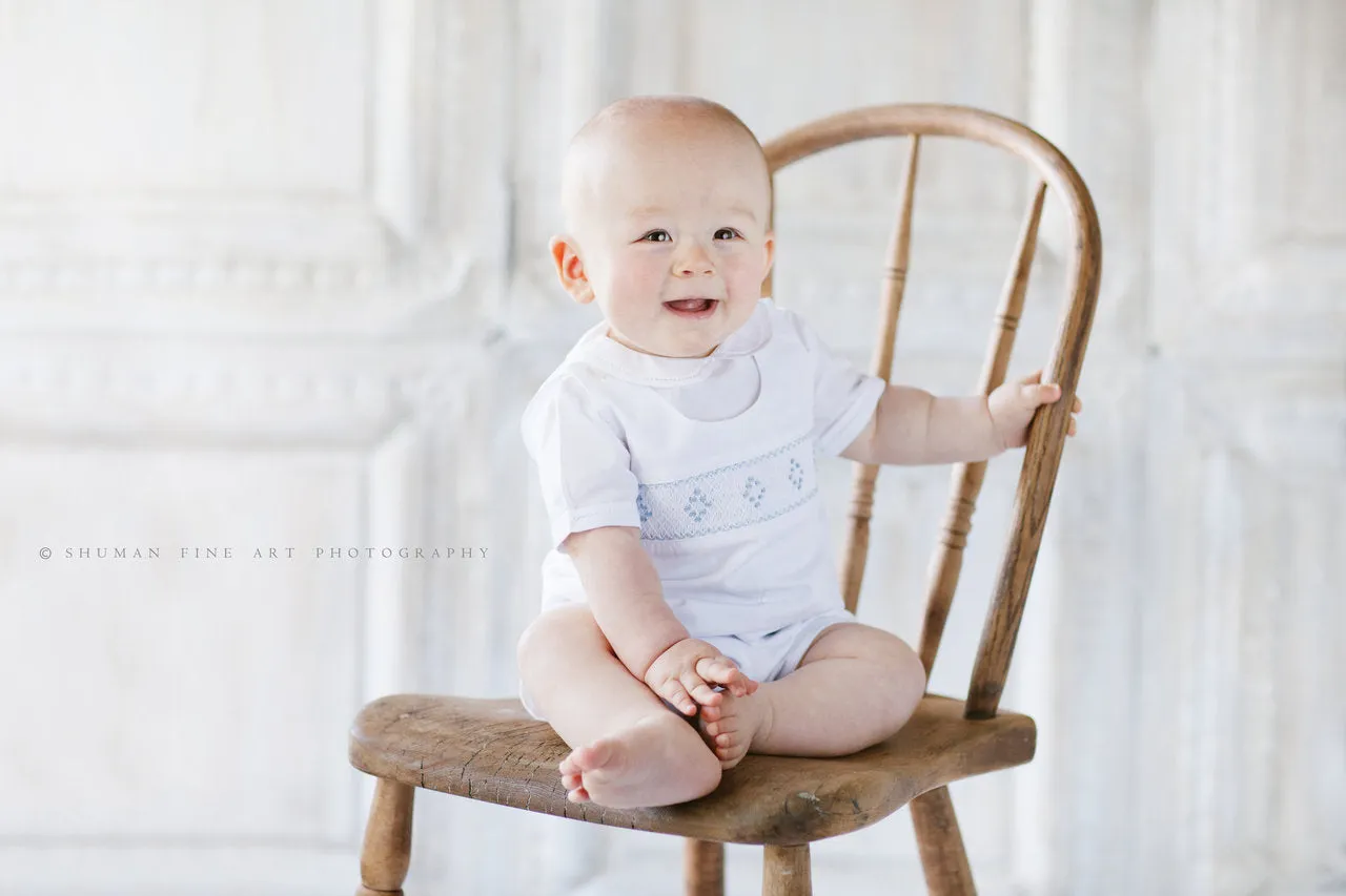 Boys White Highrise with Blue Smocking