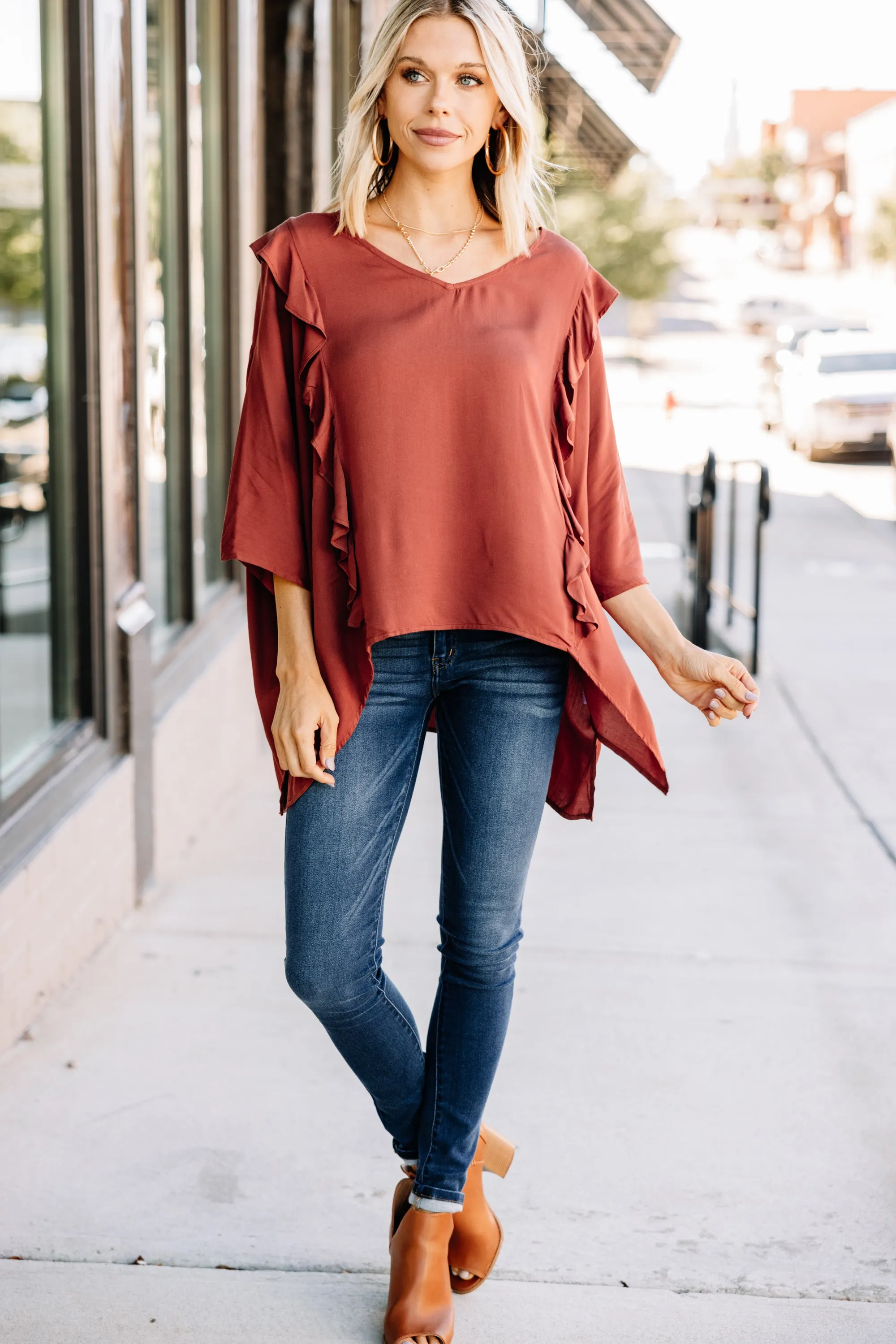 Can't Compare Rust Orange Ruffled Blouse