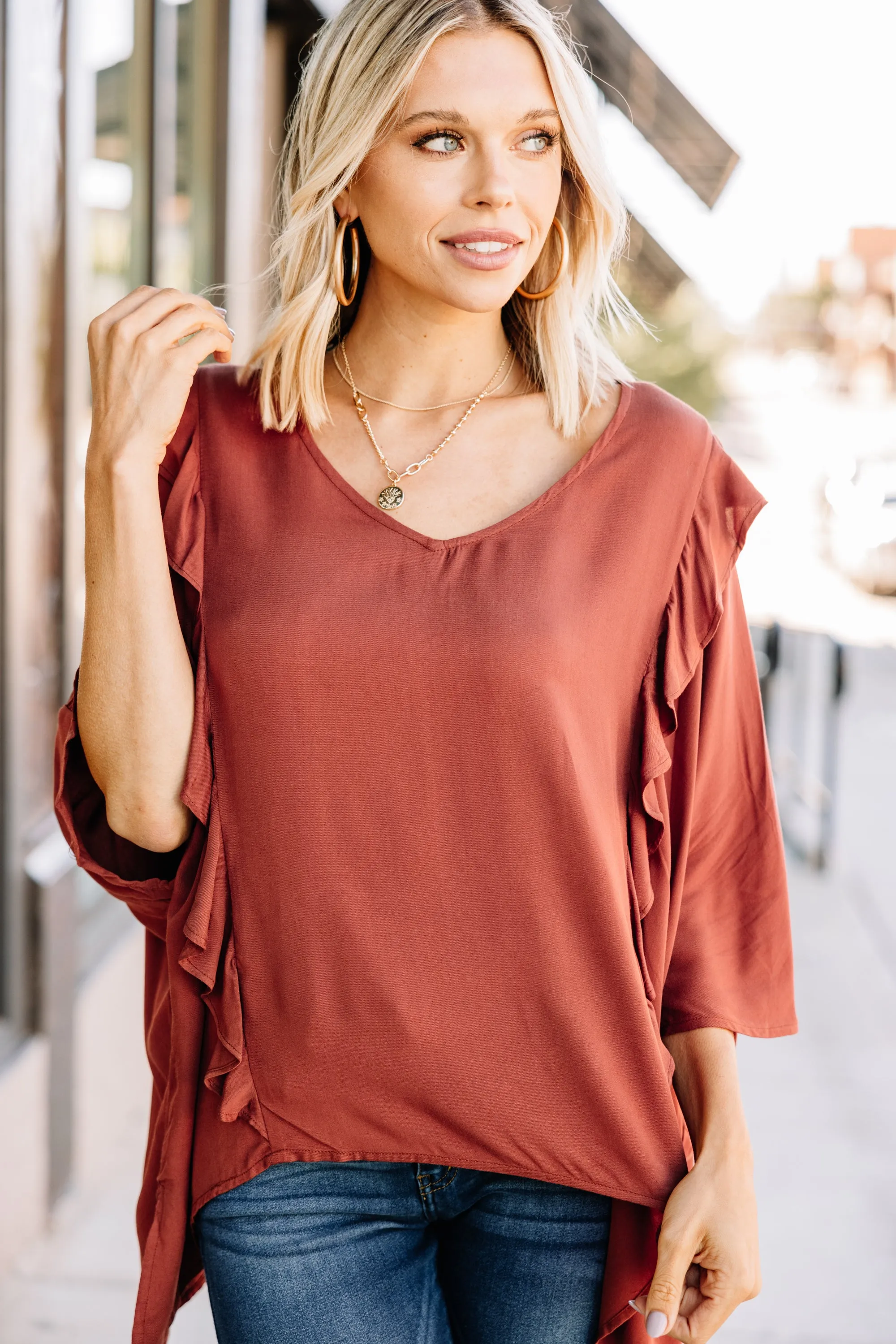Can't Compare Rust Orange Ruffled Blouse