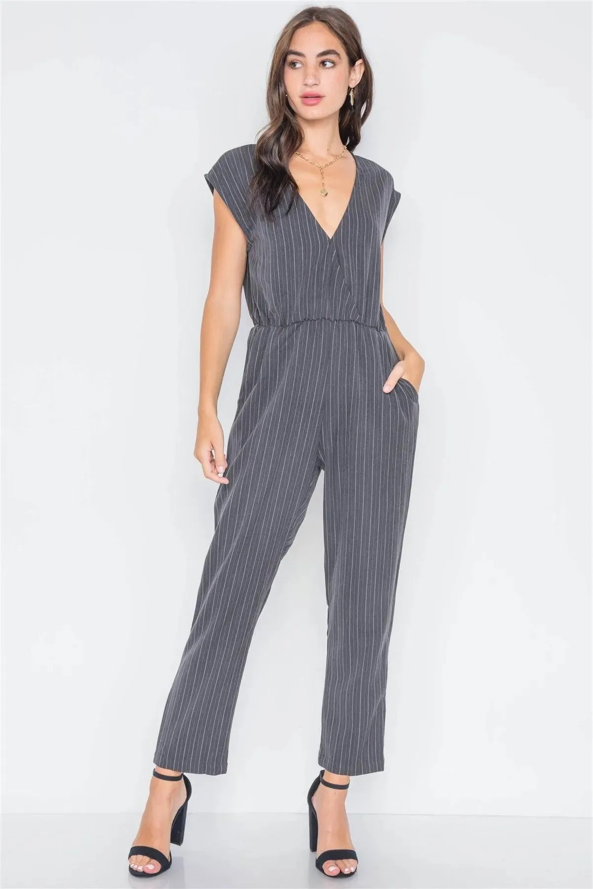 Carbon Stripe Surplice Straight Leg Jumpsuit /3-2-1