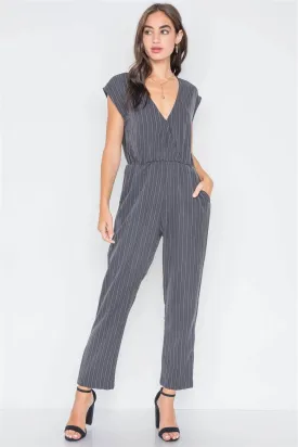 Carbon Stripe Surplice Straight Leg Jumpsuit /3-2-1
