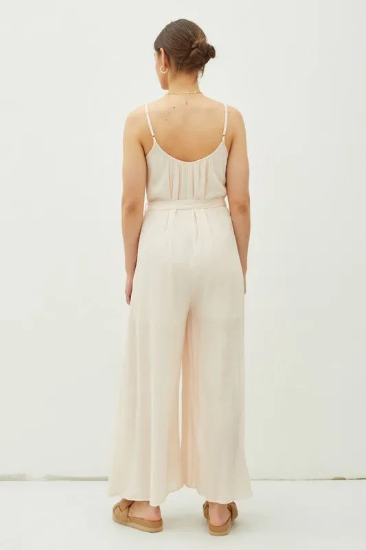 Champagne Lightweight Tie Belt Wide Leg Cami Jumpsuit