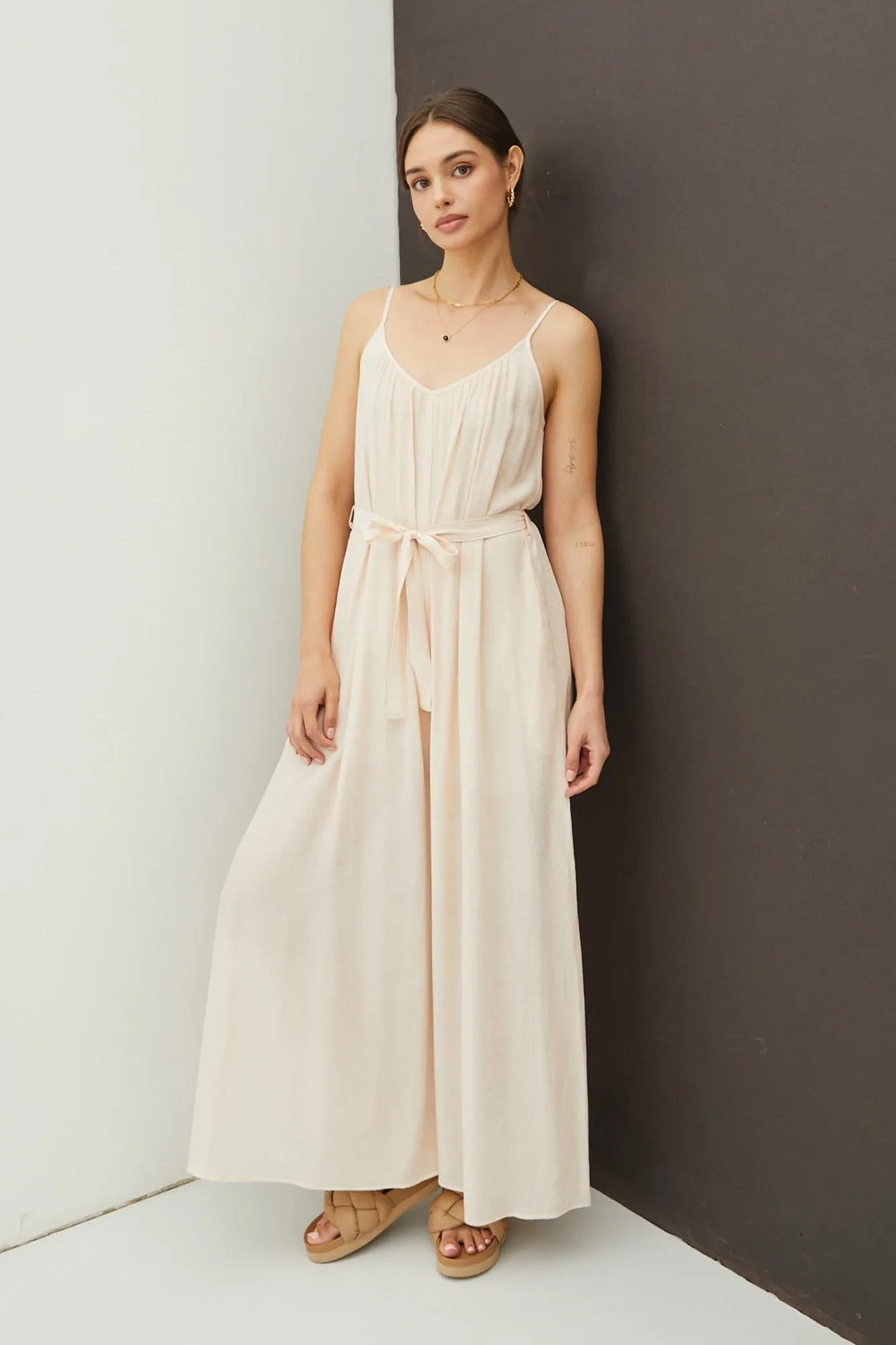 Champagne Lightweight Tie Belt Wide Leg Cami Jumpsuit