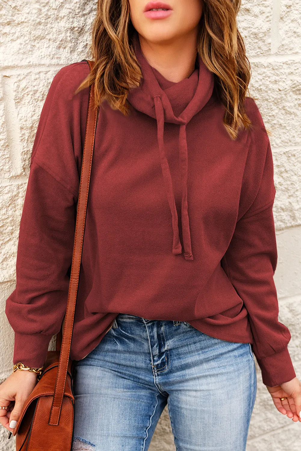 Cowl Neck Drop Shoulder Drawstring Hoodie
