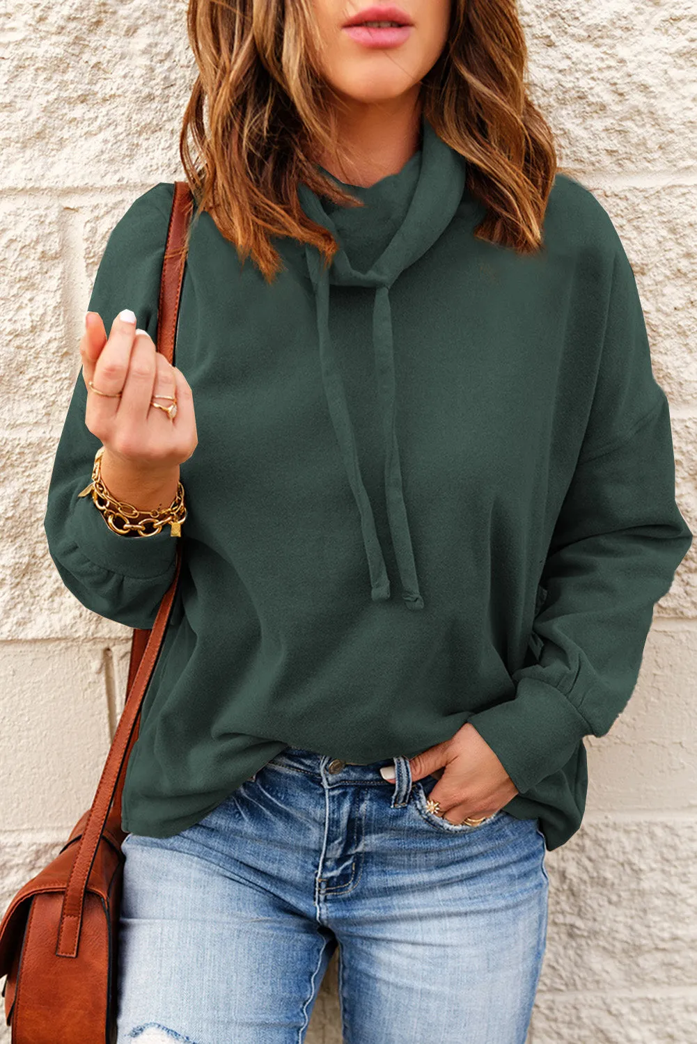 Cowl Neck Drop Shoulder Drawstring Hoodie