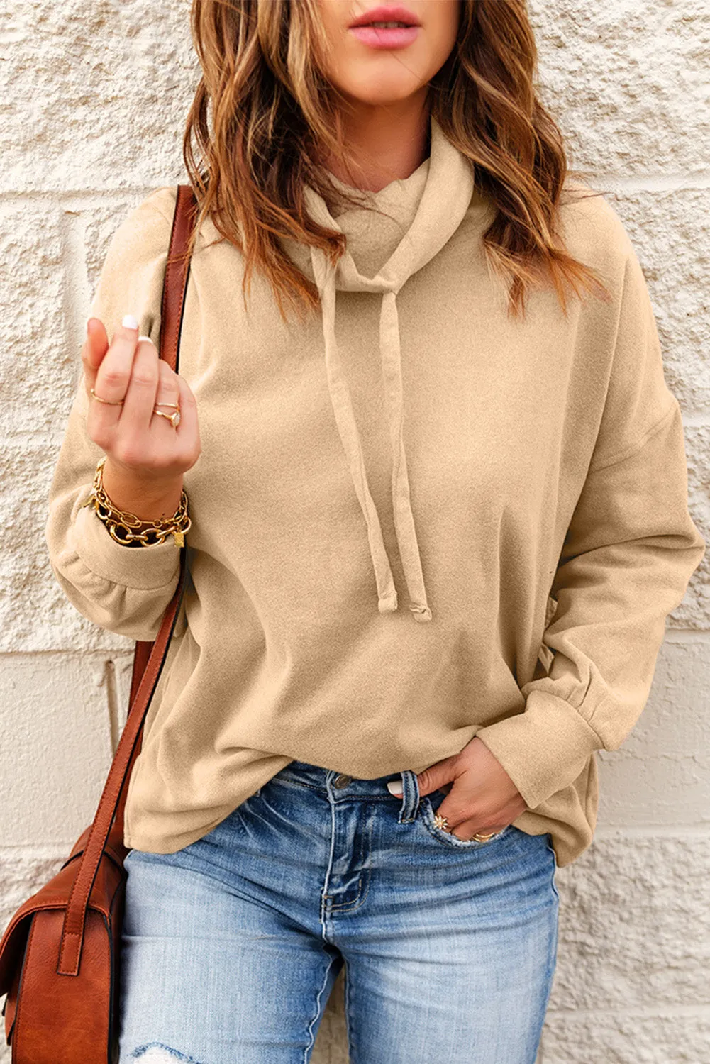 Cowl Neck Drop Shoulder Drawstring Hoodie