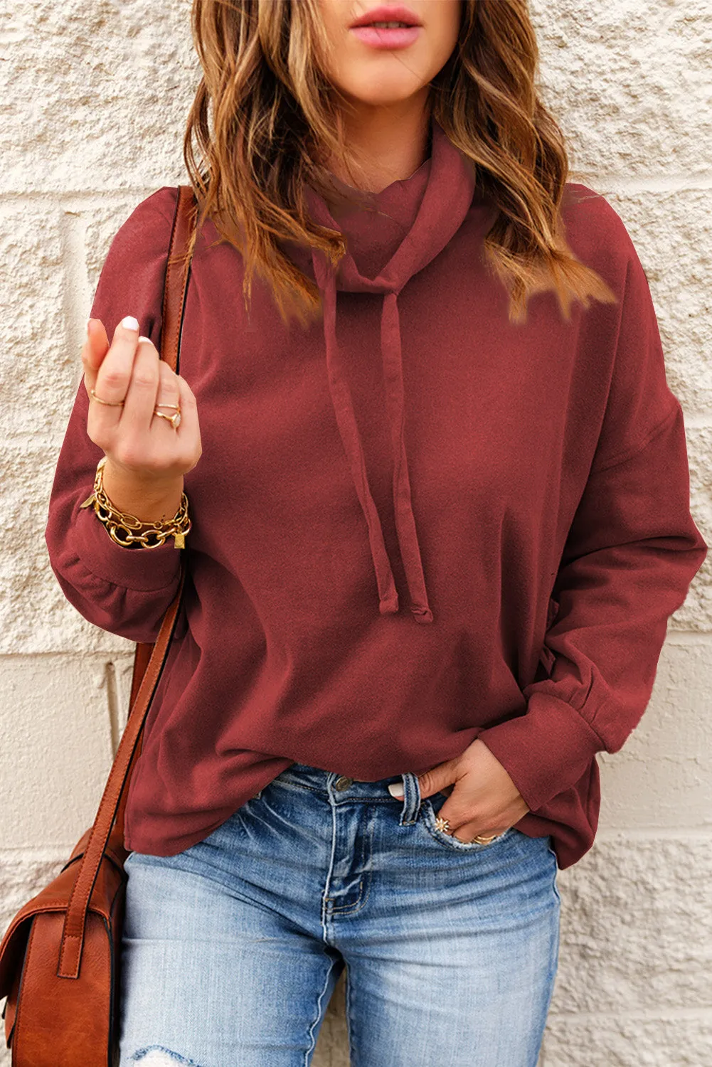 Cowl Neck Drop Shoulder Drawstring Hoodie