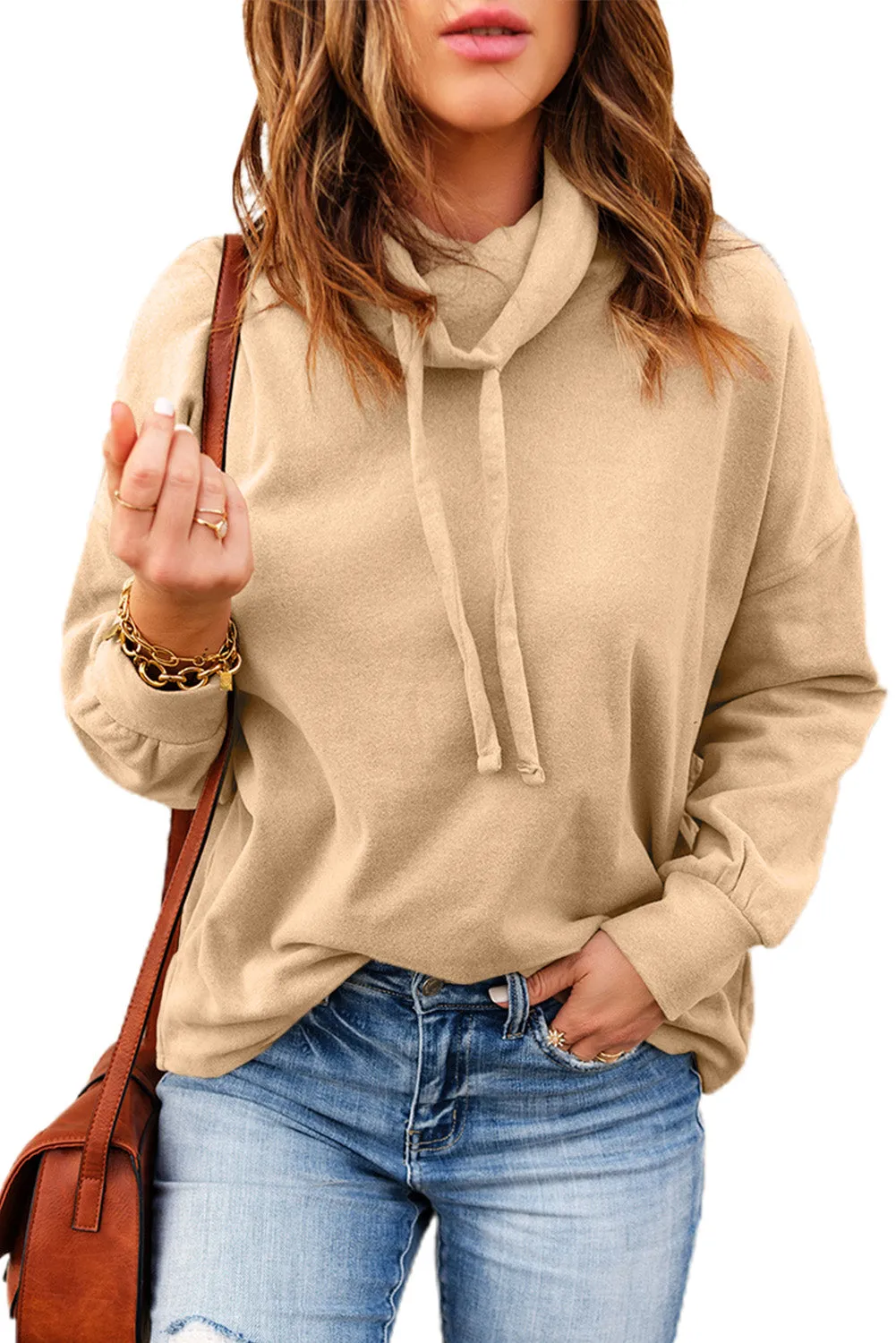 Cowl Neck Drop Shoulder Drawstring Hoodie