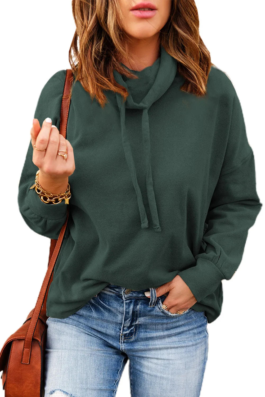 Cowl Neck Drop Shoulder Drawstring Hoodie