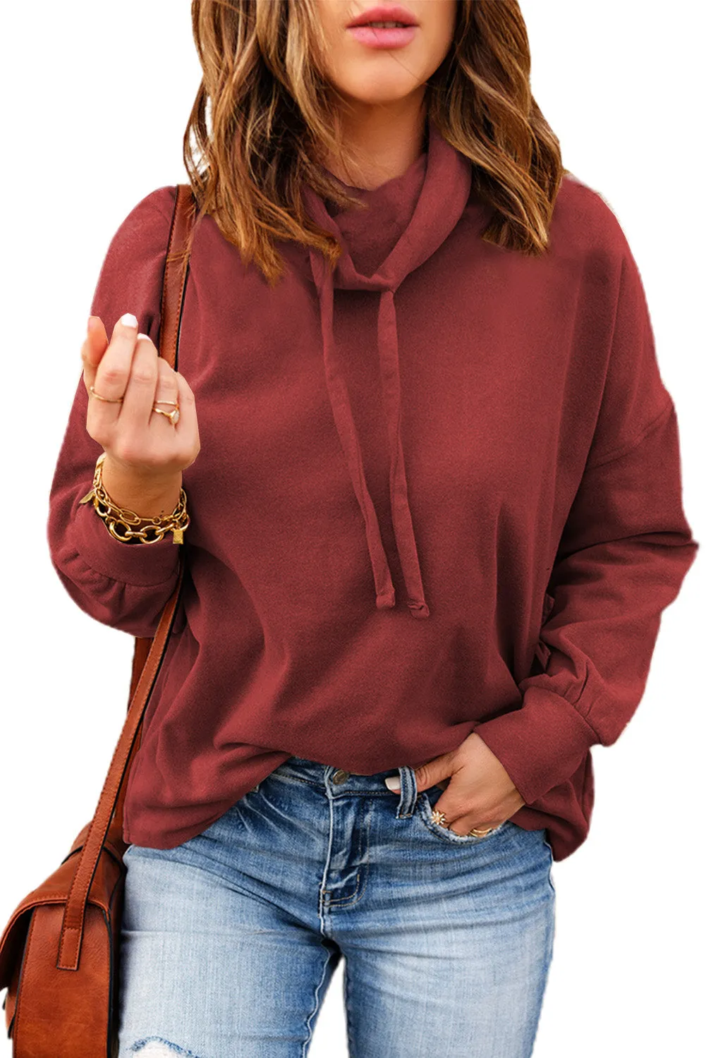 Cowl Neck Drop Shoulder Drawstring Hoodie