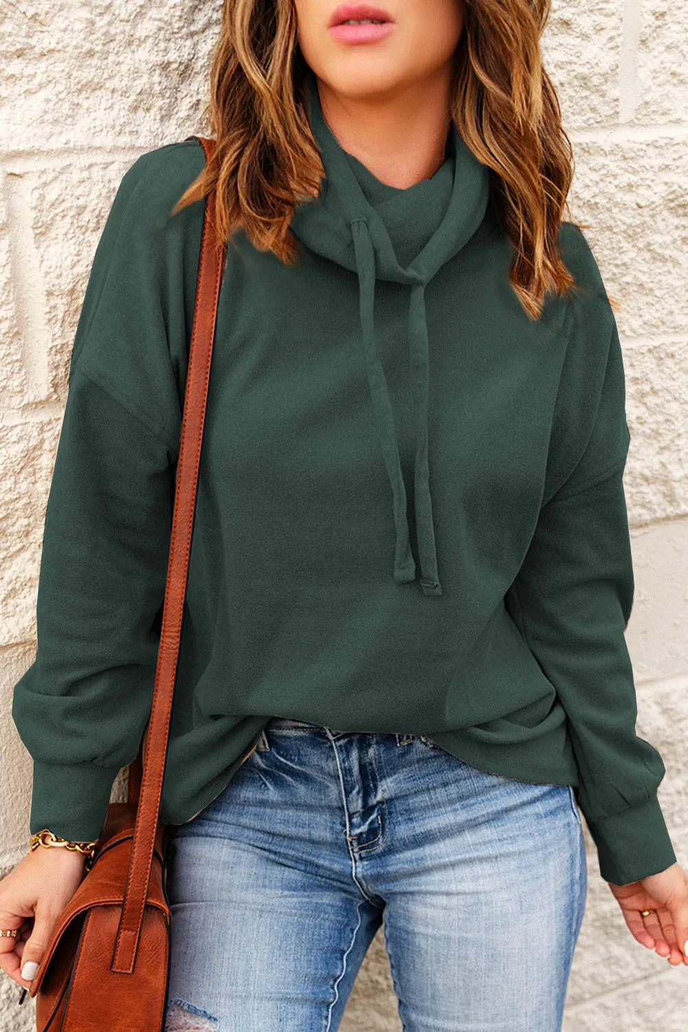 Cowl Neck Drop Shoulder Drawstring Hoodie