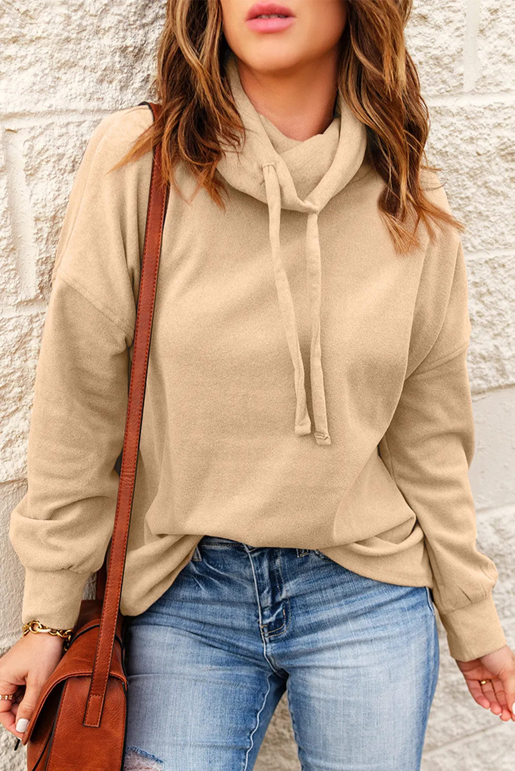Cowl Neck Drop Shoulder Drawstring Hoodie
