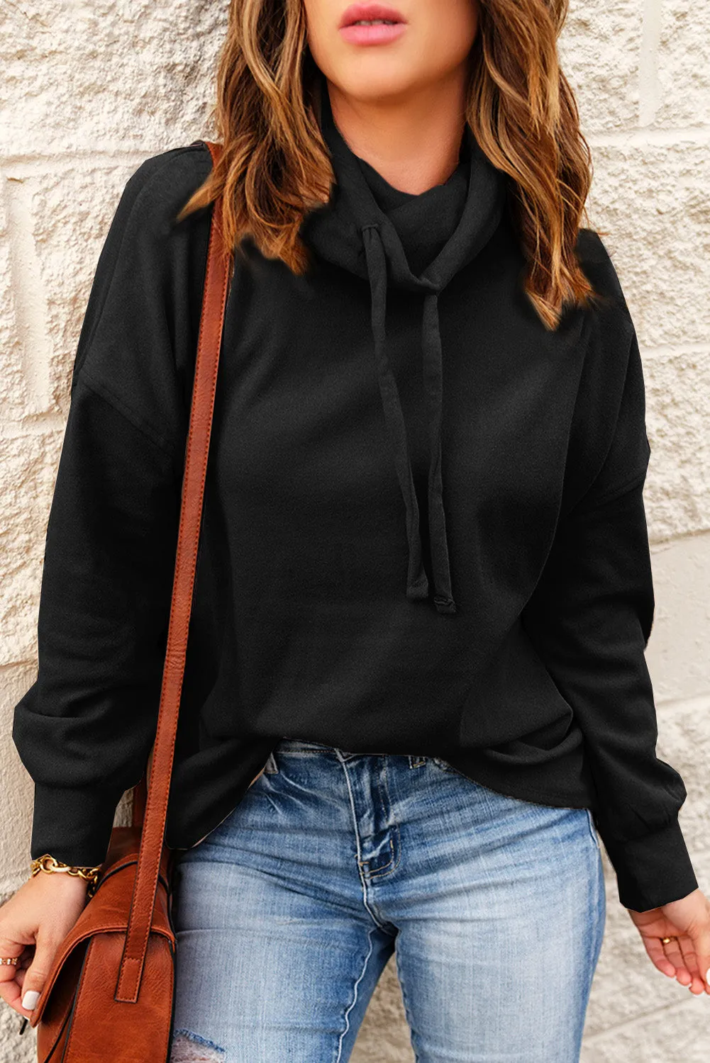 Cowl Neck Drop Shoulder Drawstring Hoodie