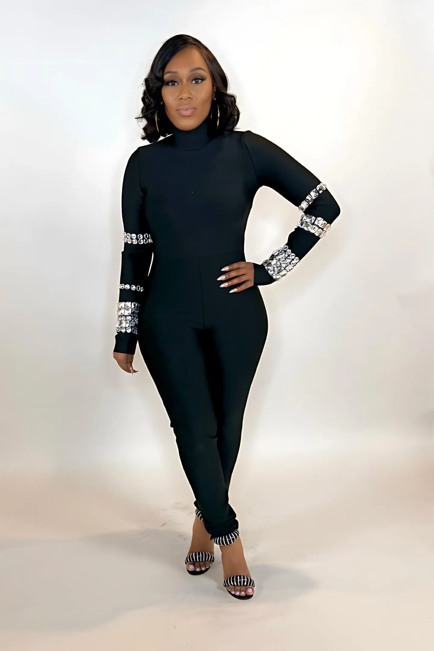 CRYSTAL SLEEVE BANDAGE JUMPSUIT