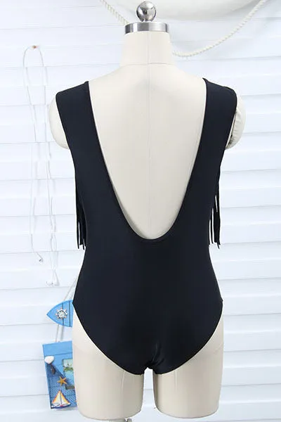 Deep V-neck Tassel Block One Piece Swimwear