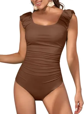 Eomenie Womens One Piece Swimsuits Puffy Sleeves Tummy Control Bathing Suit Tie Back Swimwear