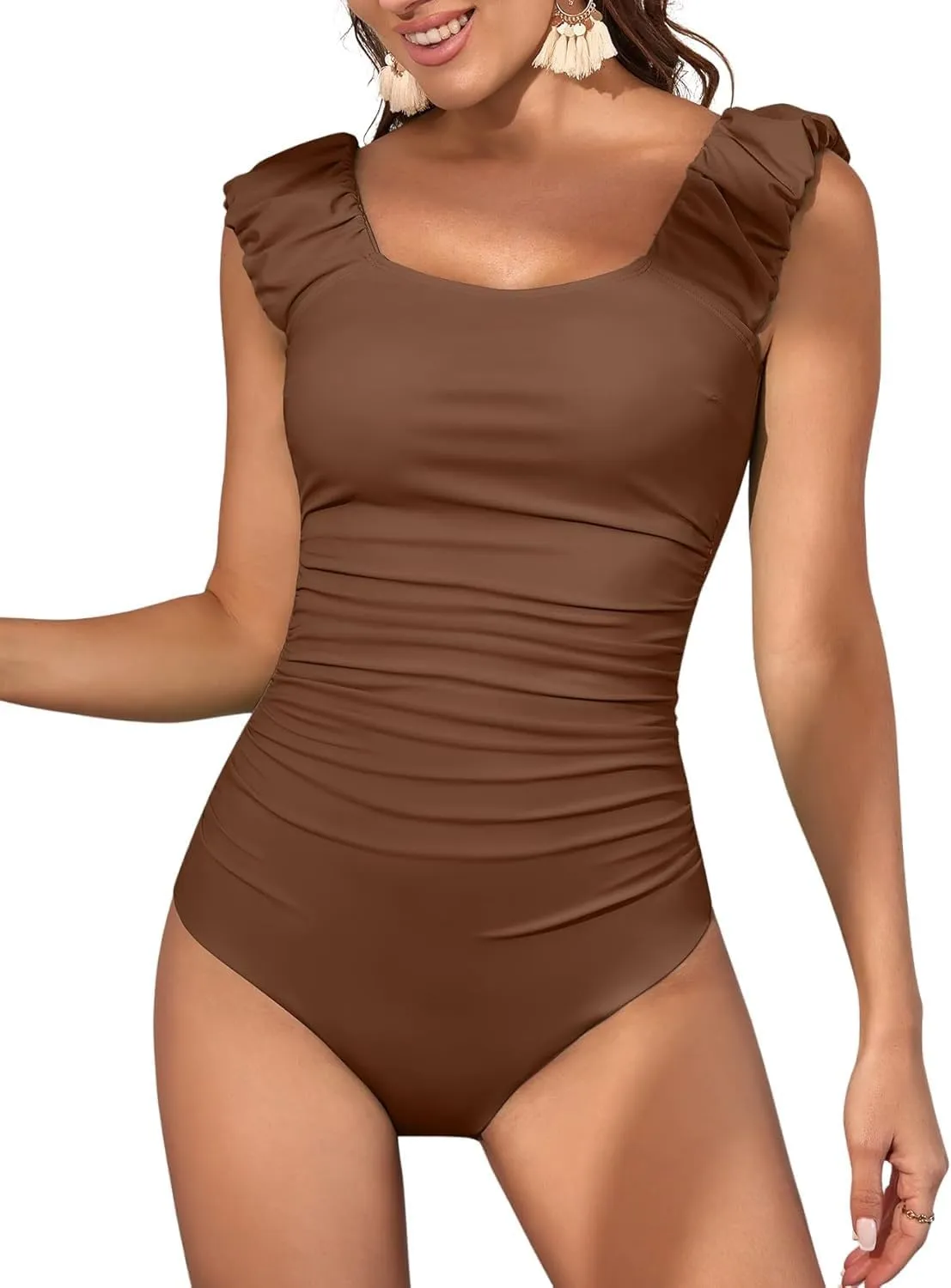 Eomenie Womens One Piece Swimsuits Puffy Sleeves Tummy Control Bathing Suit Tie Back Swimwear