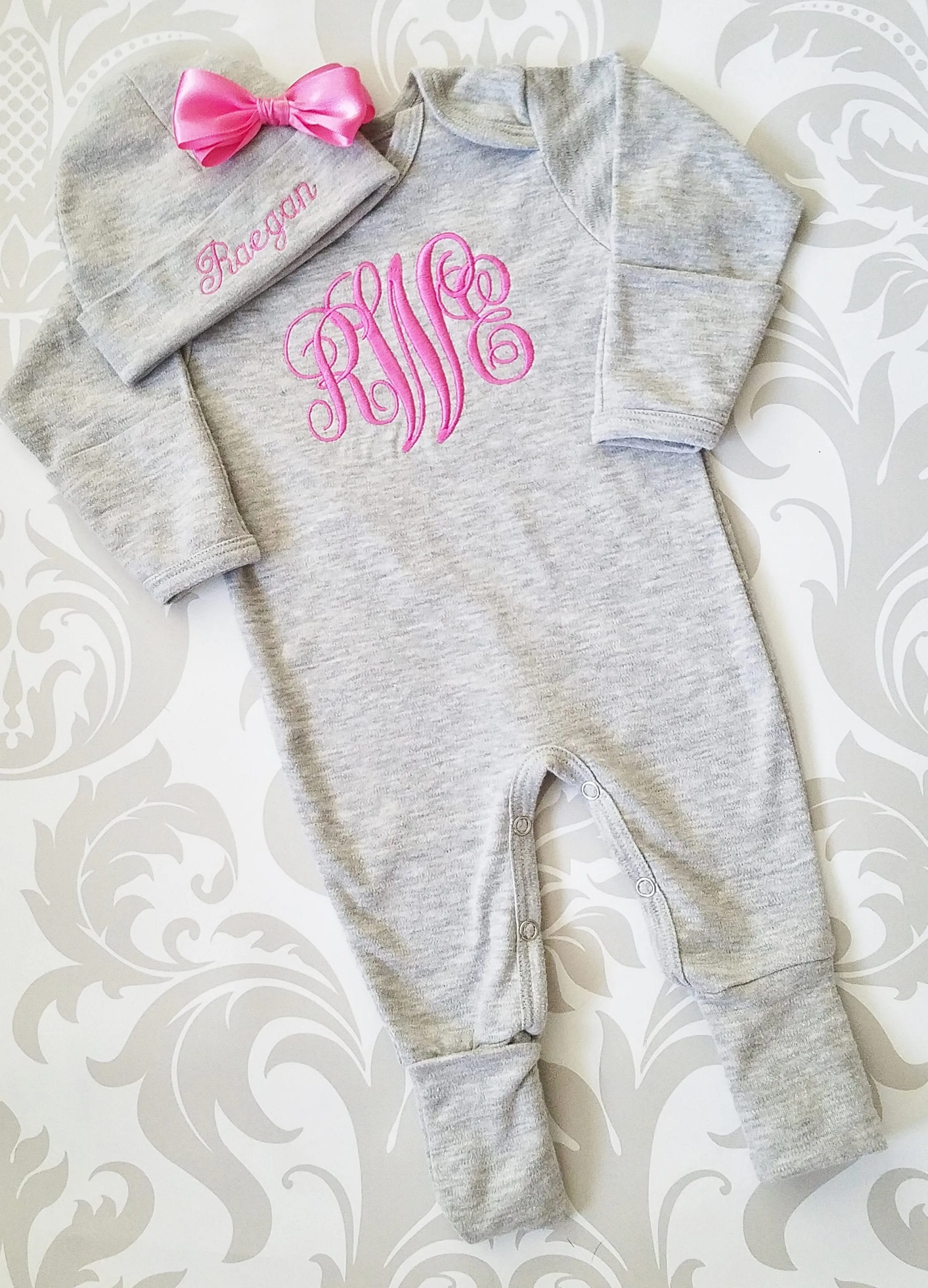Footed Girl Sleeper in Heather Grey with Bright Pink Monogram