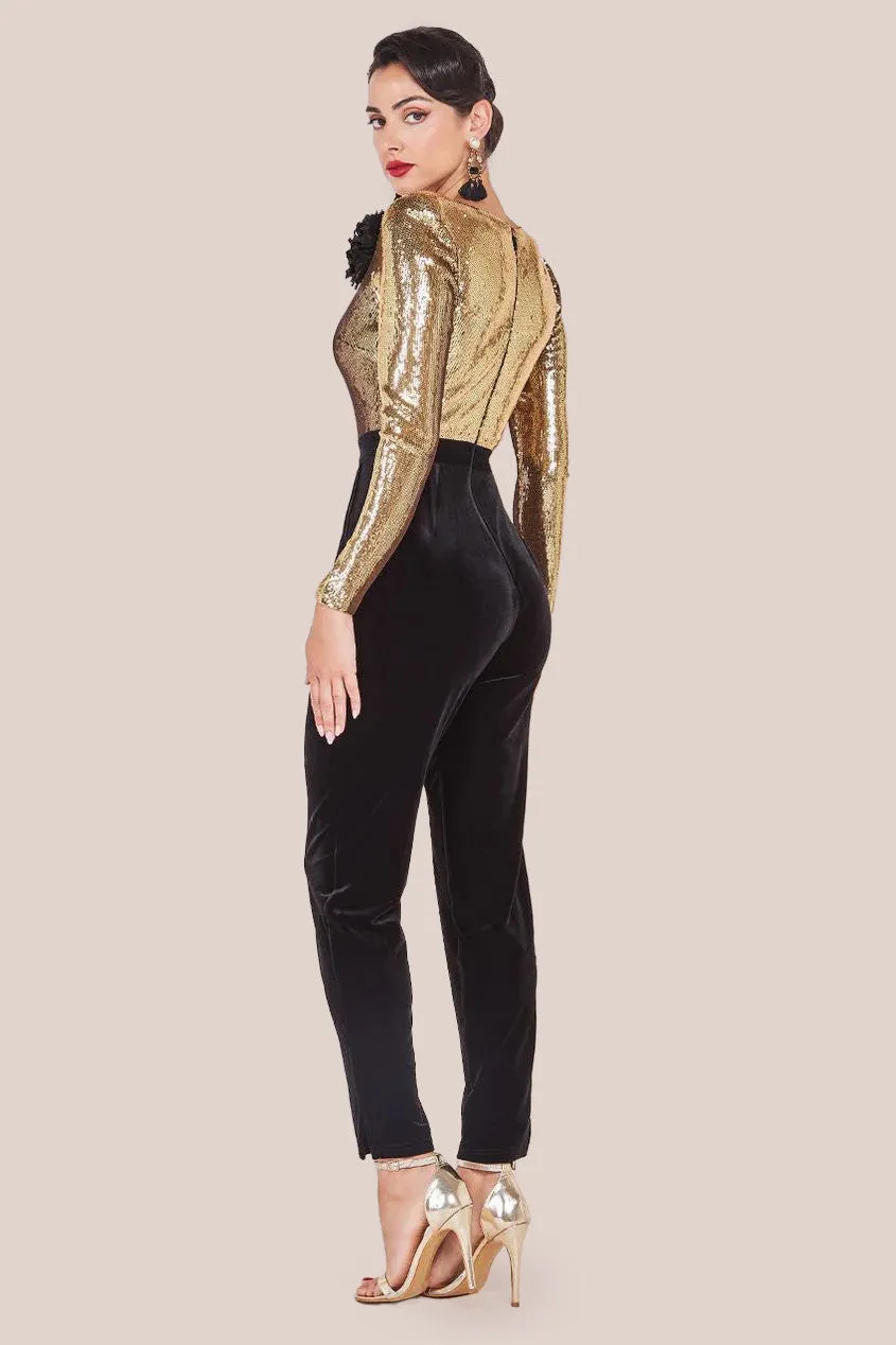Goddiva Liquid Sequin Jumpsuit With Corsage