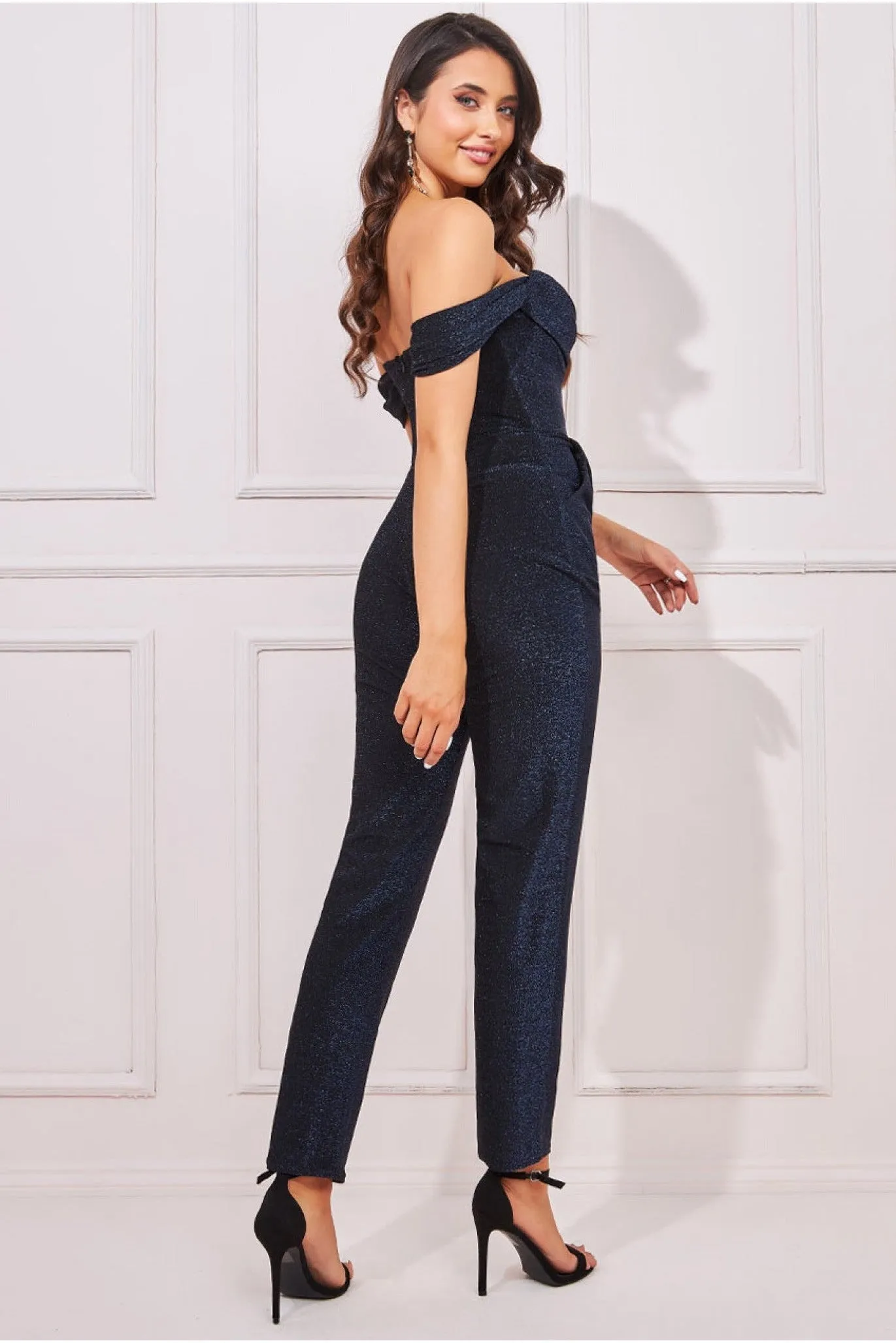 Goddiva Lurex Cowl Bardot Jumpsuit