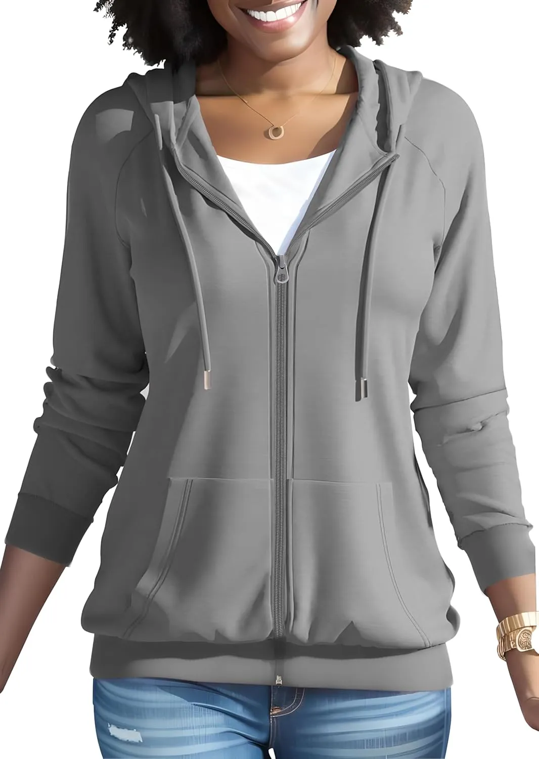 HTD Women Casual Full Zip Up Hoodie Basic Lightweight Long Sleeve Sweatshirt Solid Color Jacket With Pockets