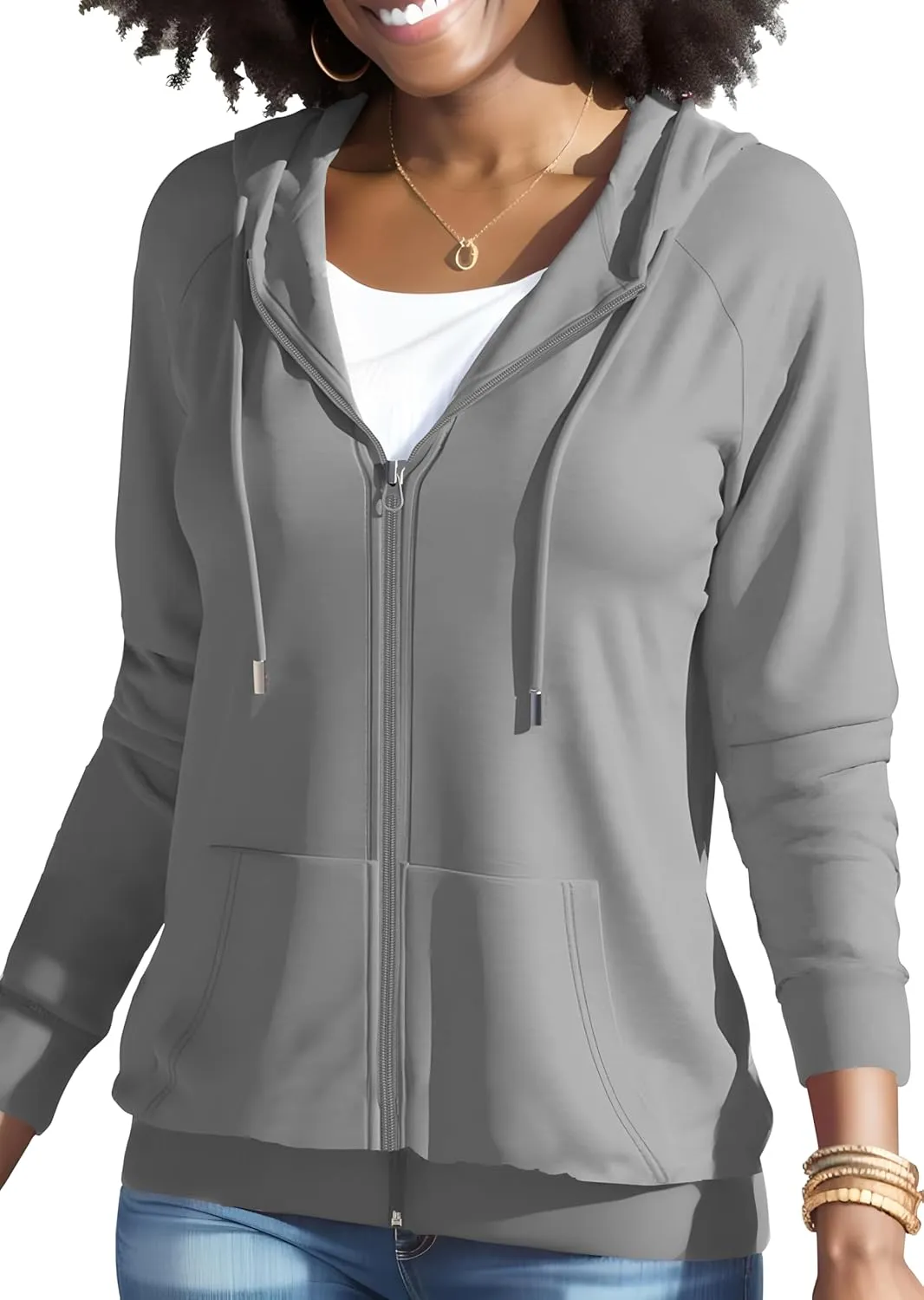HTD Women Casual Full Zip Up Hoodie Basic Lightweight Long Sleeve Sweatshirt Solid Color Jacket With Pockets