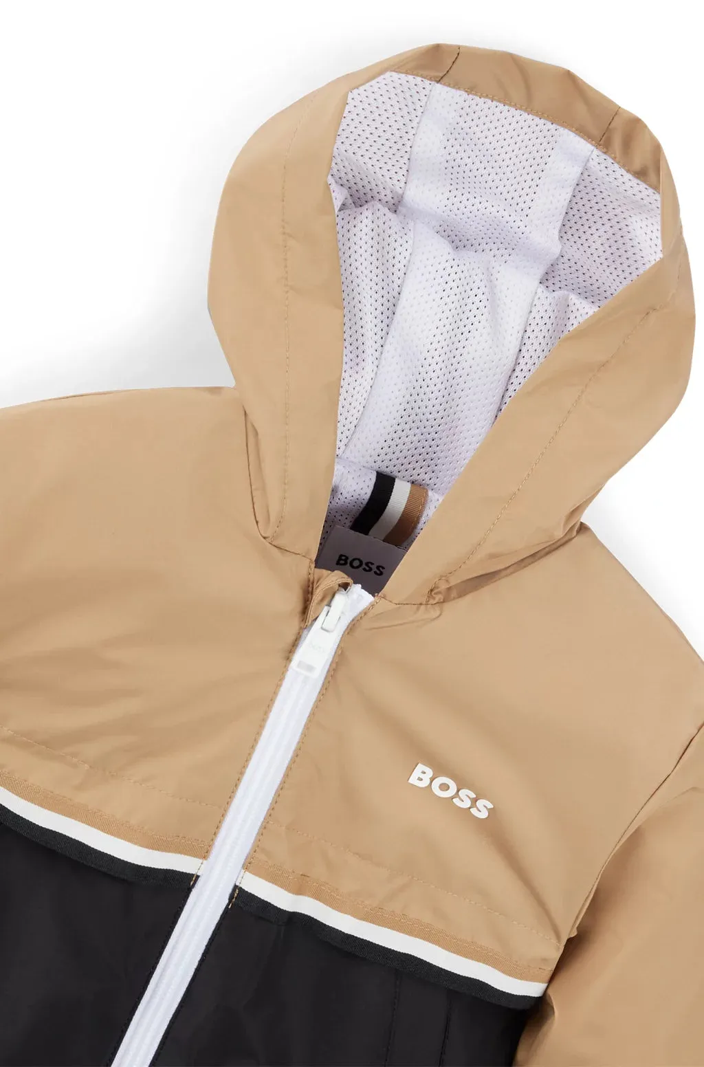 KIDS WATERPROOF HOODED WINDBREAKER JACKET WITH STRIPES AND LOGO