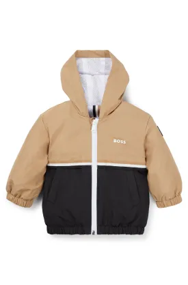 KIDS WATERPROOF HOODED WINDBREAKER JACKET WITH STRIPES AND LOGO