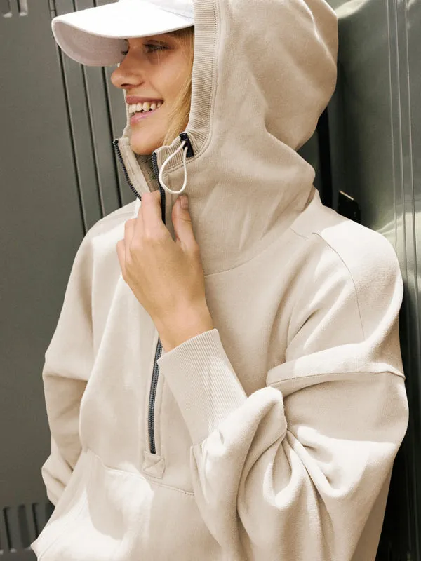 Leanne Athletic Hoodie Drawstring Long Sleeve Top Half Zip