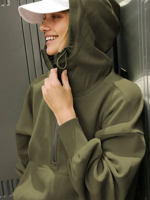 Leanne Athletic Hoodie Drawstring Long Sleeve Top Half Zip