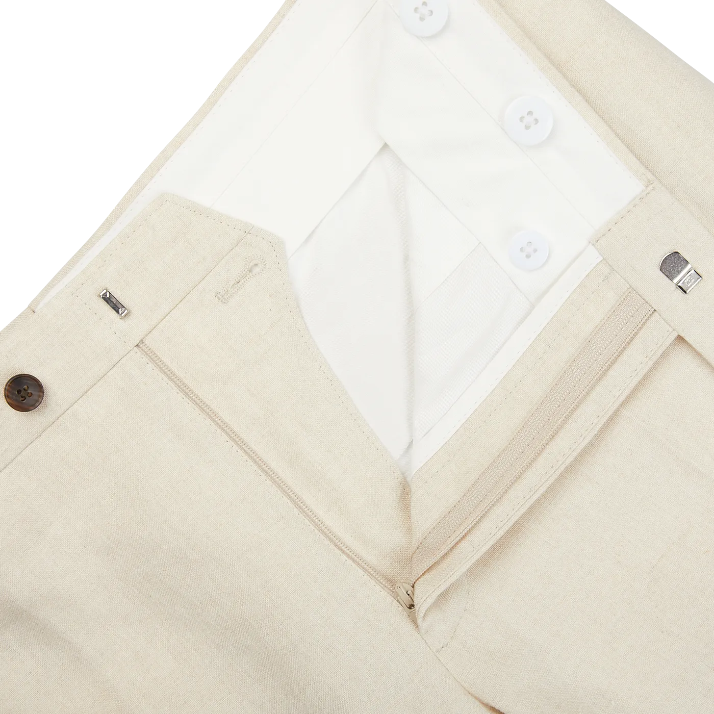 Light Beige Pure Linen Flat Front Trousers