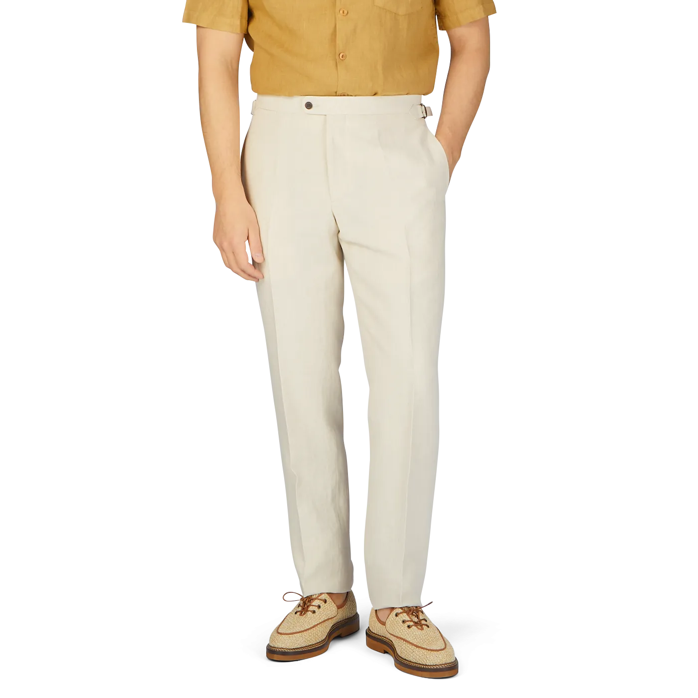 Light Beige Pure Linen Flat Front Trousers