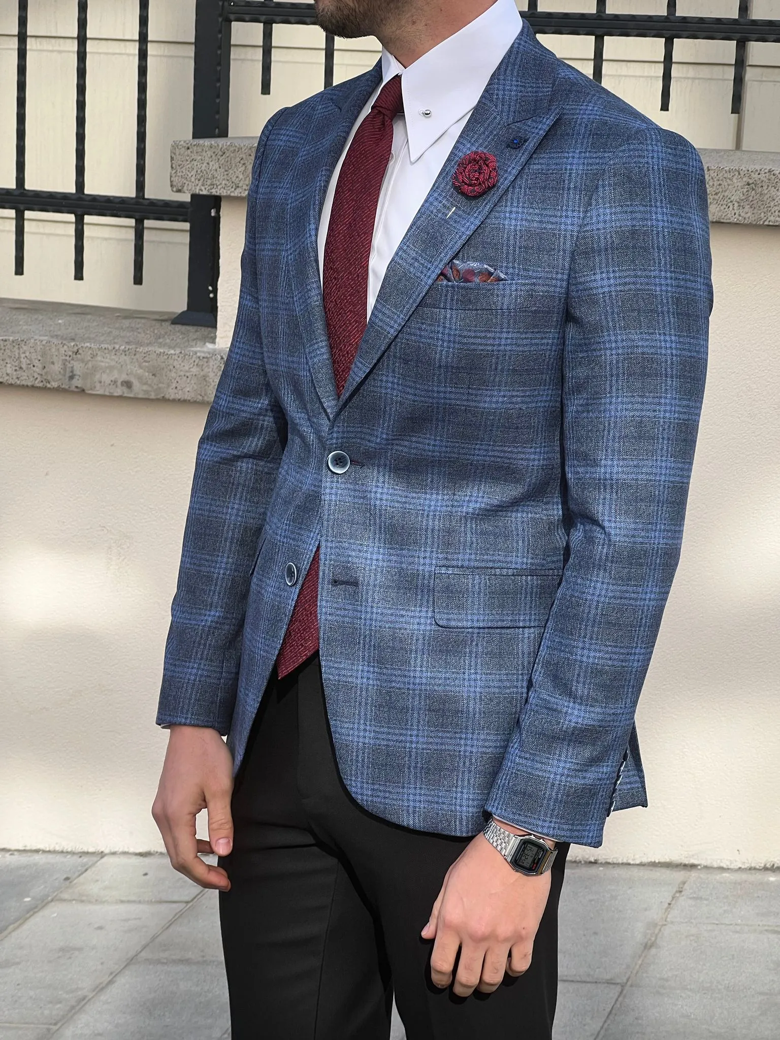 Messina Navy Blue Plaid Slim Fit Blazer